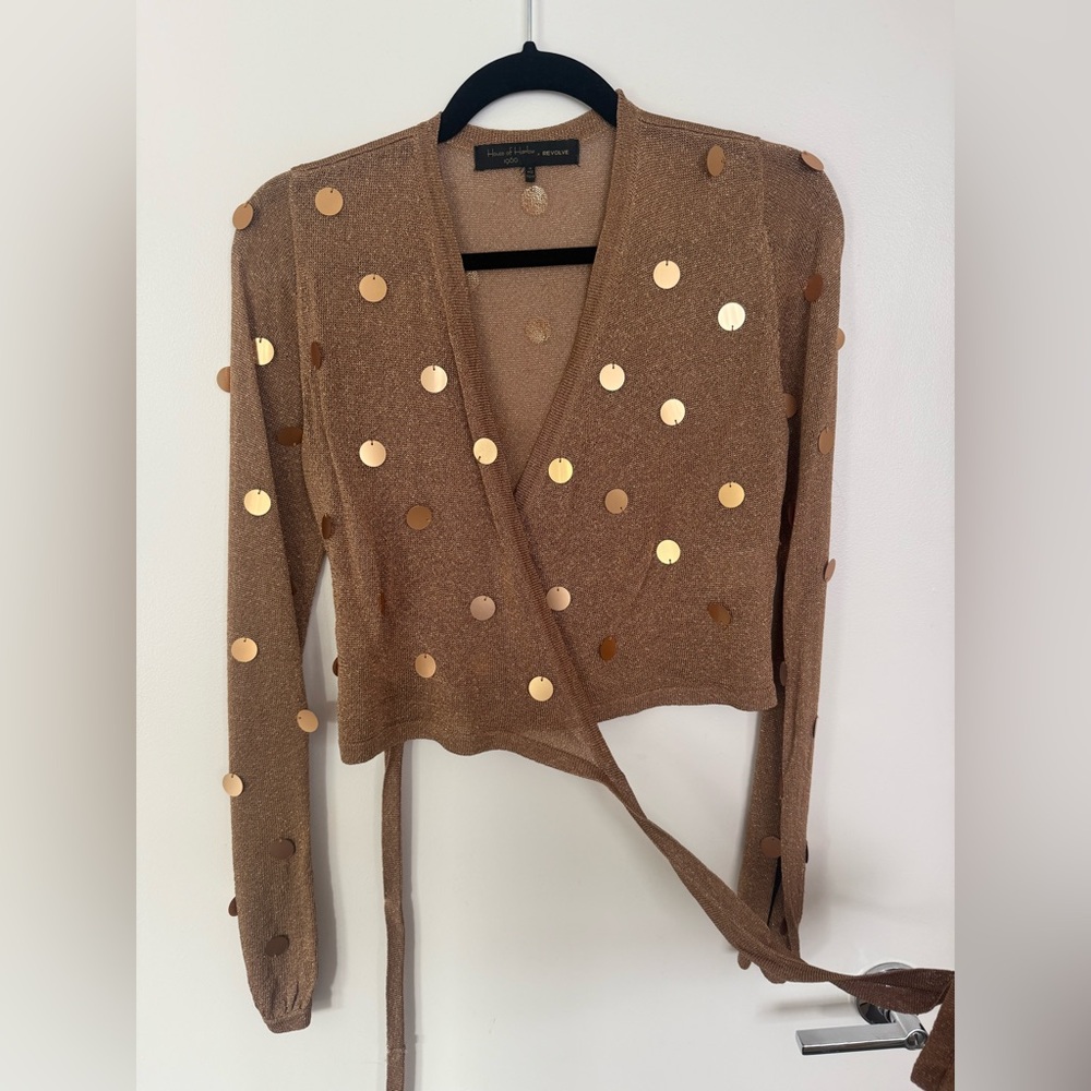 House of Harlow 1960 x Revolve M Gold Knit Sequin Wrap Top